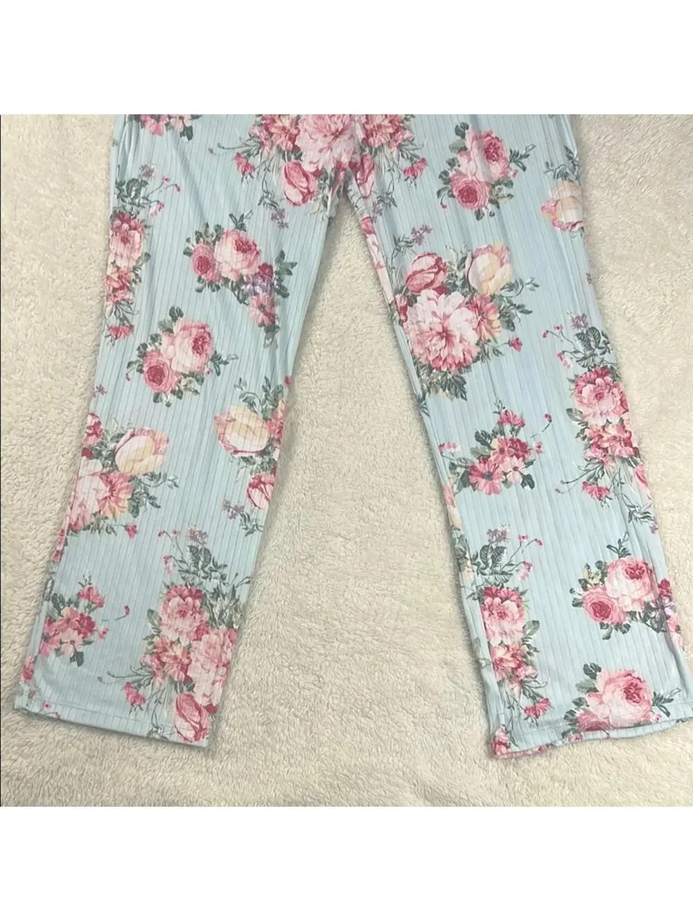 Flora Nikrooz Blue Floral Ribbed 2 Piece Pajama Set SZ Med Soft Lounge Sleepwear